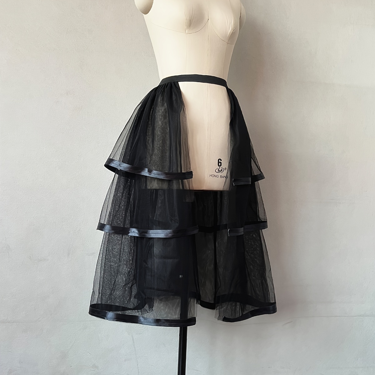 

1pc Punk Style Skirt Black 3 Layers Ribbon 5 Layers Mesh Removable Tulle Skirt Half-length Skirt Covering Wedding Dress Elastic Waist Detachable Thin Tulle Skirt