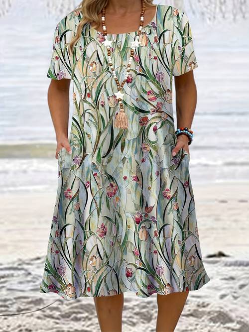 plus size - blumenkleid in großen größen, rundhalsausschnitt, kurzarm, kleid mit - damenbekleidung in großen größen - für freizeit, partys und dates