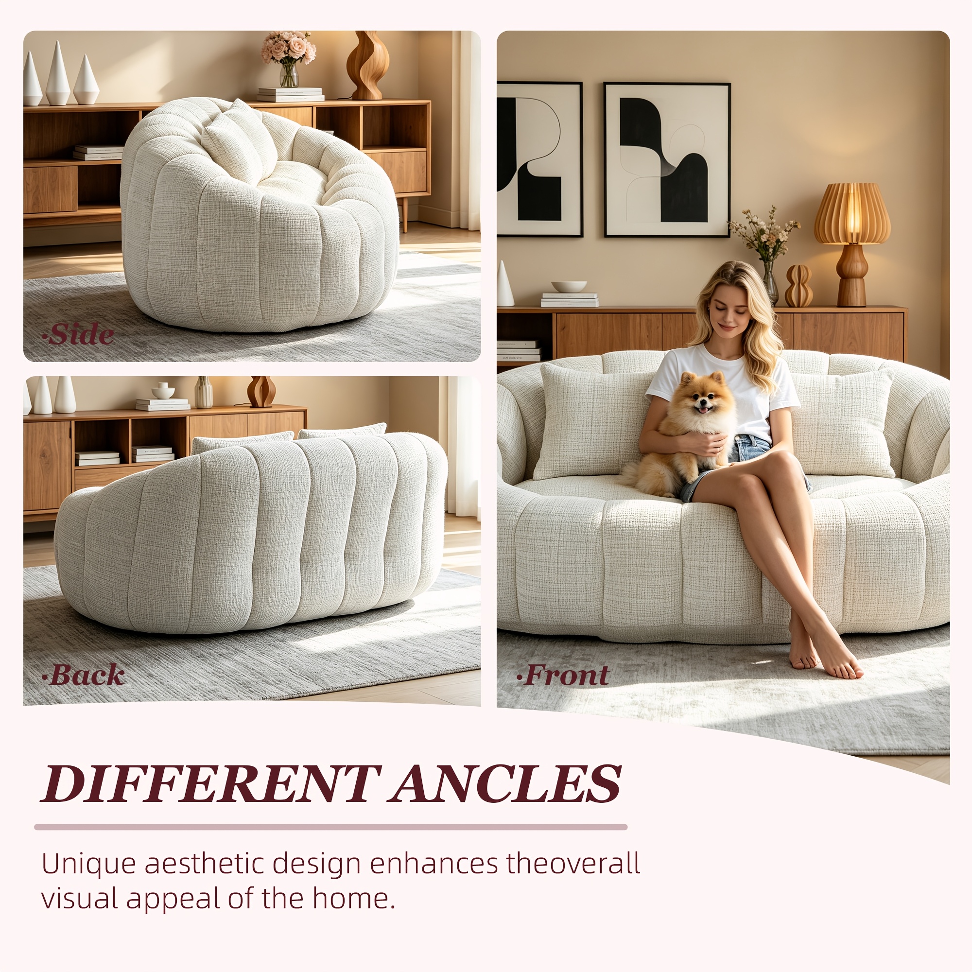 Oval Padded 2-Seat Beanbag Chairs, Upholstered Bean Bag Couch with 2 Pillows And Wrap-Around Backrest, Gaming Loveseat Sofa, Chenille Fabric Lazy Floor Beanbag Chair