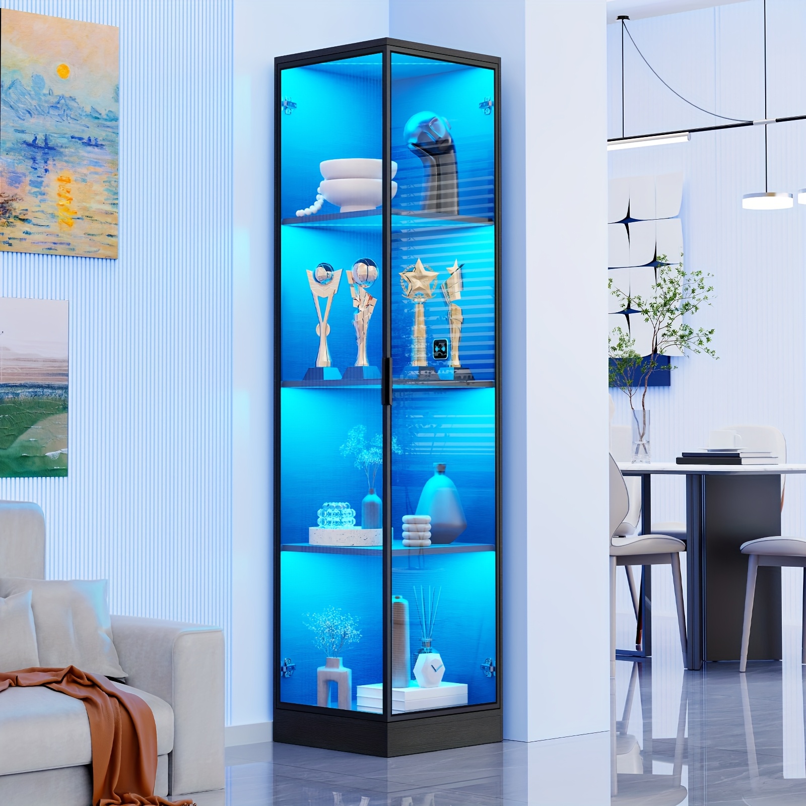 TEMU Estantería esquinera con puertas, estante esquinero de 4 niveles y biblioteca para coleccionables, libros, para sala de juegos, dormitorio,