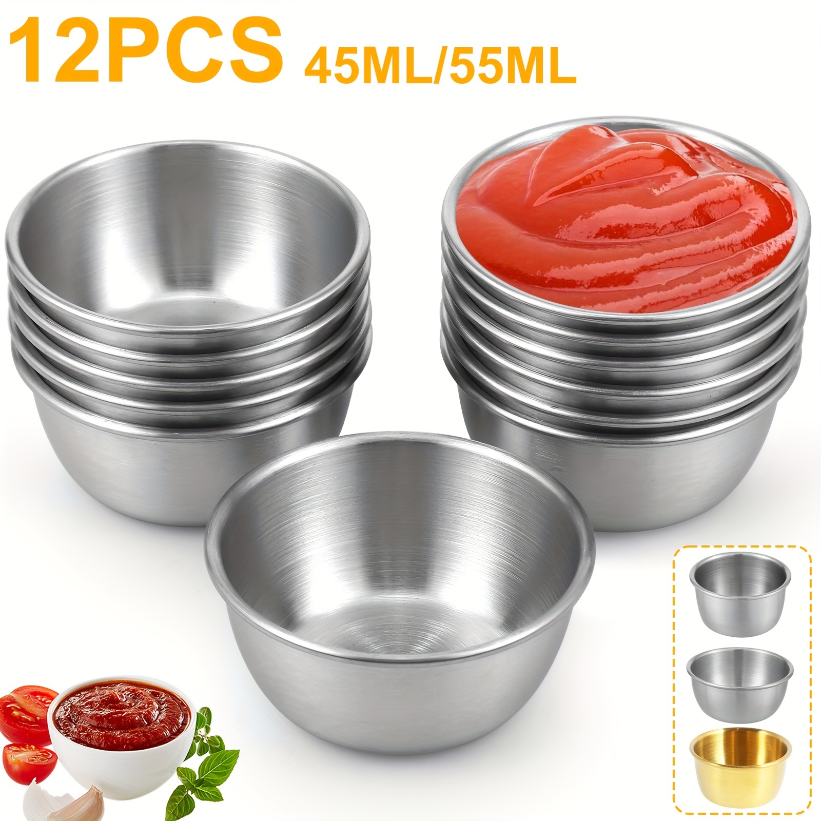 

12 Pcs Dipping Bowl 304 Steel Dipping Round 45/55ml Reusable Seasoning Dipping Multipurpose For Restaurants Dipping Round Condiment Dipping