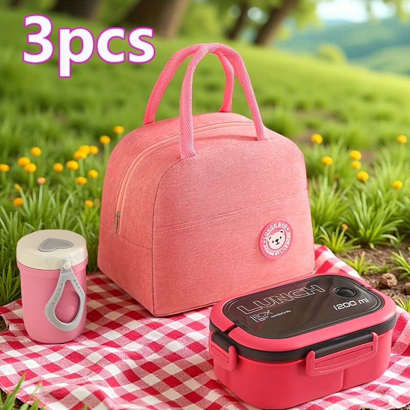 Image of 3pcs Lunch Bag Set With Large Capacity Lunch Box And Milk Cup, Minimalist Tote Bag For Office Workers, Perfect For School, Travel, And Work, Ideal For Back-to-