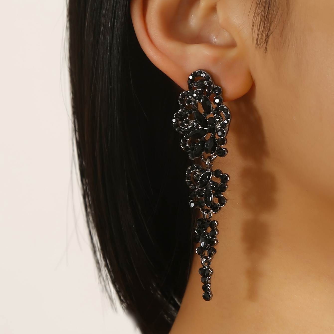 

Exaggerated Flower Full Black Glass Inlaid Long Dangle Earrings Elegant Style Stage Holiday Earrings