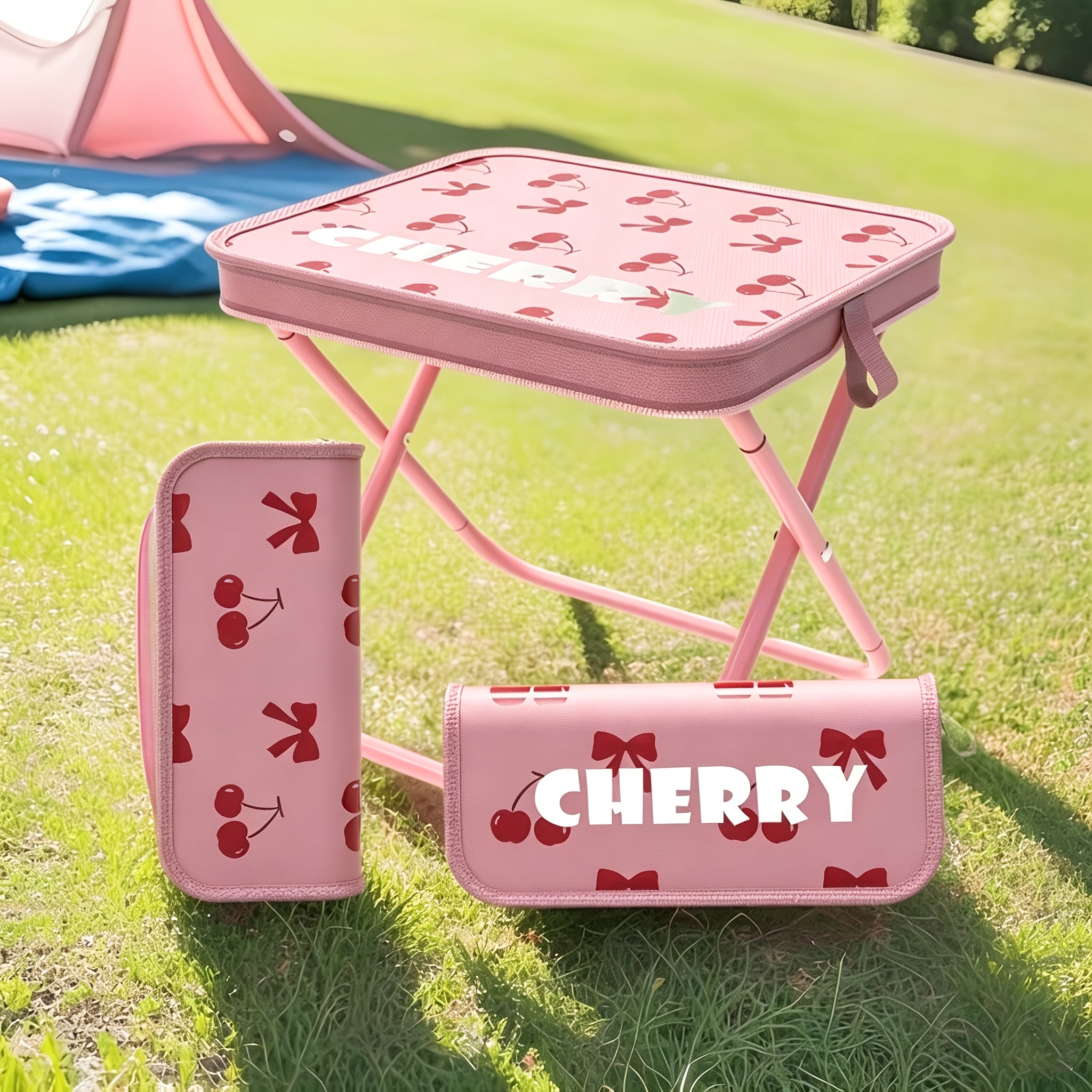 TEMU Cherry Print Portable Folding Stool, Lightweight Outdoor Camping Chair, Compact Collapsible Fishing Seat For Hiking, Travel, And Picnics