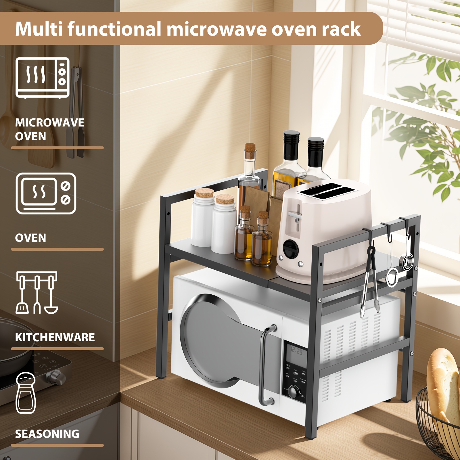 Image of 3-tier Microwave Shelf Rack, Heavy Duty Extendable Adjustable Microwave Oven Stand, Kitchen Organizer Storage Unit Rack, 6 Hooks Kitchen Additions