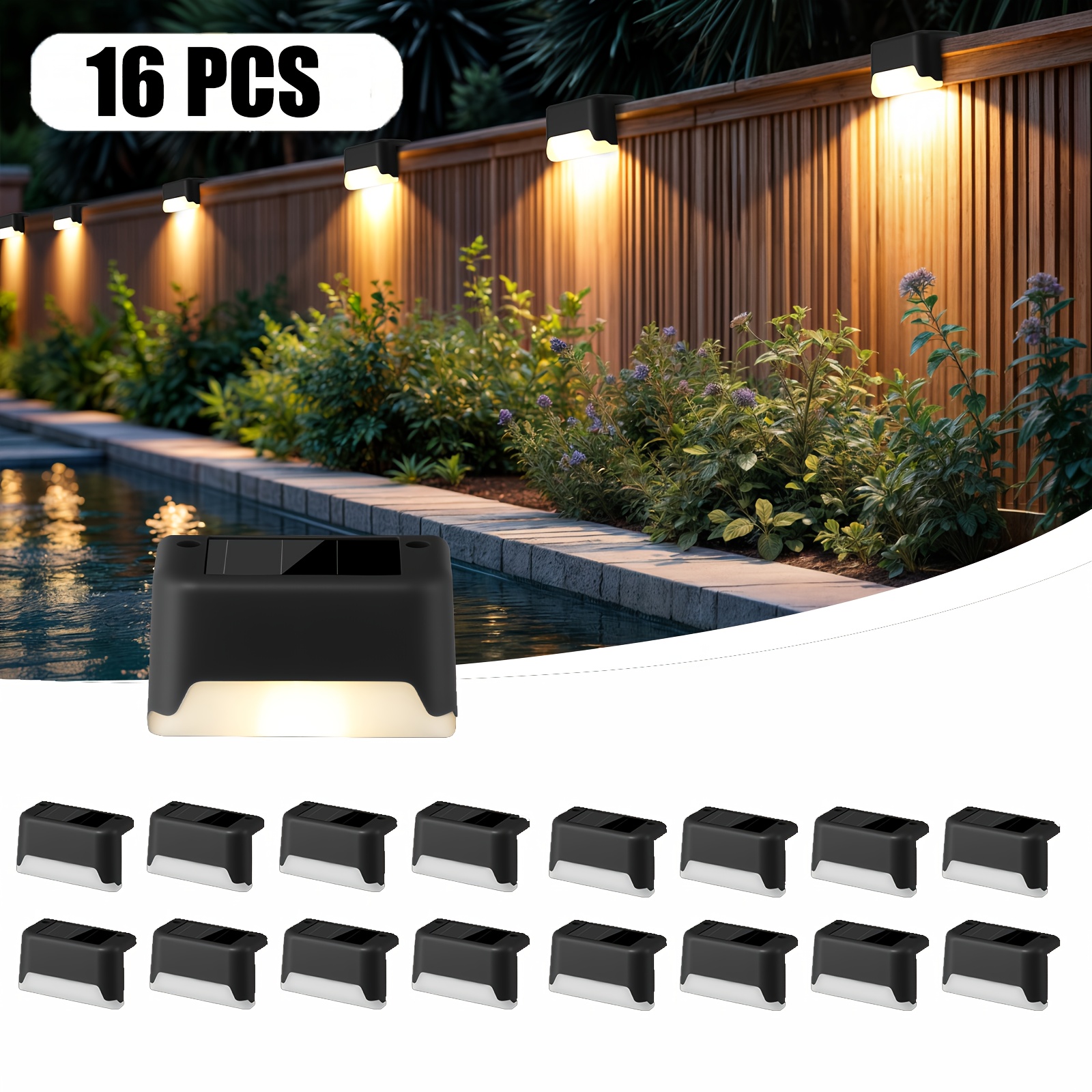 TEMU 16pcs Solar Led Deck Lights, Ip65 Solar Lights, Auto 12 Hours Lighting For Outdoor Stairs, Fence, Pathway, Ideal Step Lights For Commercial