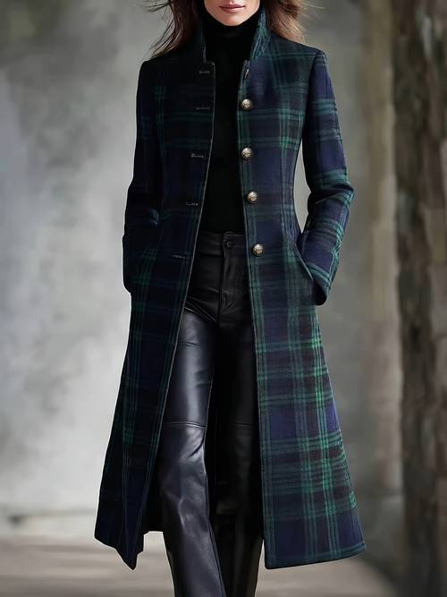 item picture vintage elegant plaid long overcoat for women stand collar single breasted metal button cinching knee length coat