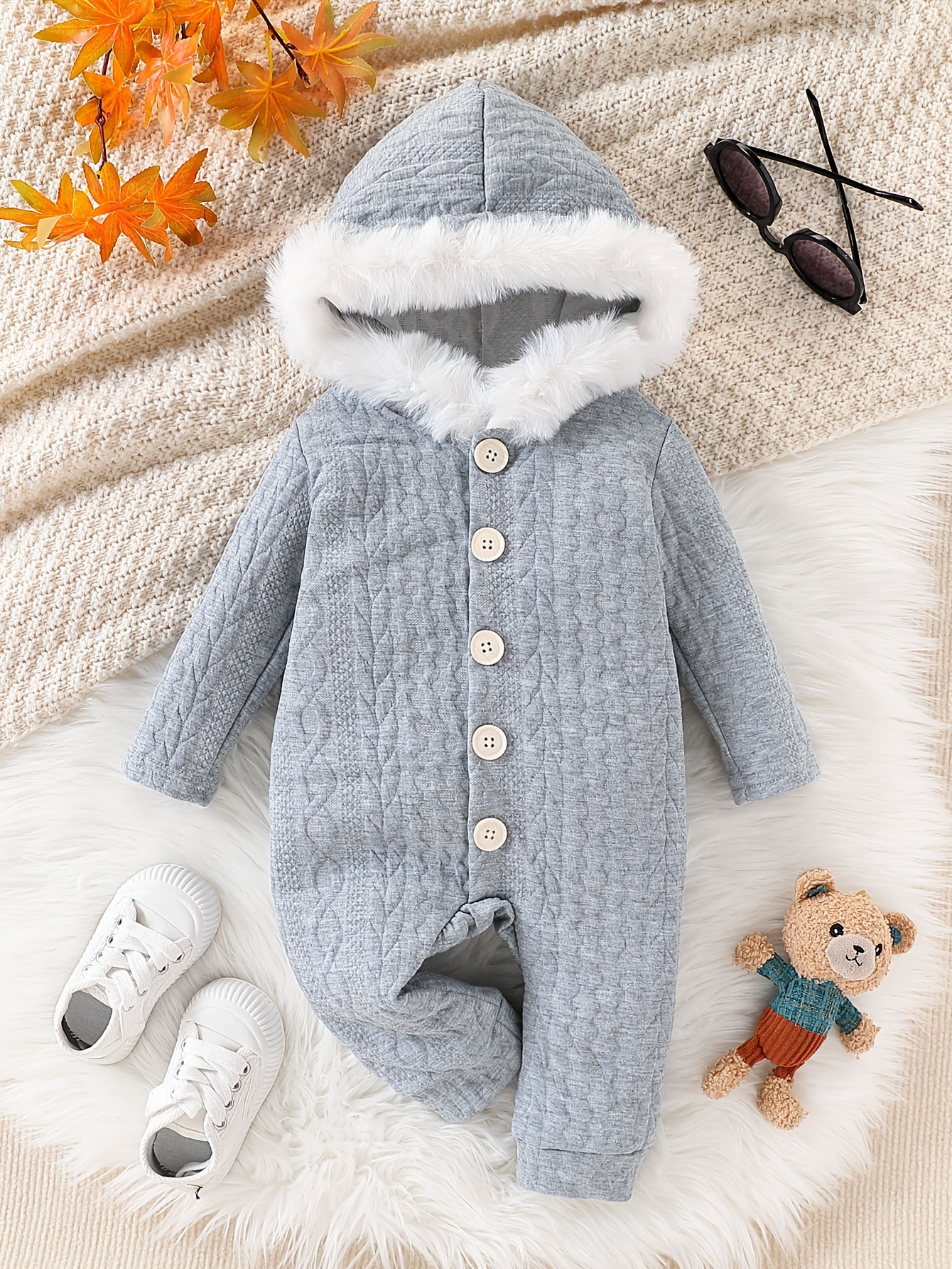 single piece baby and toddler autumn and winter casual outerwear style thick knit jacquard hooded   single breasted regular long sleeved ordinary jumpsuit for outdoor 0