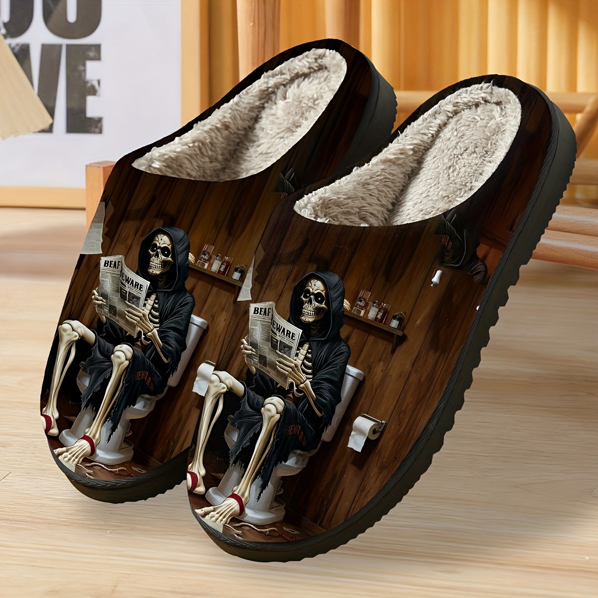 Men's & 's Plush Skeleton Slippers - Gothic Skeleton & Bathtub Print Winter Warm House, Soft TPR Sole /Outdoor Use, Unisex Mummy-like Booties for Halloween & Christmas Gifts (No Laces/Easy Slip-On)