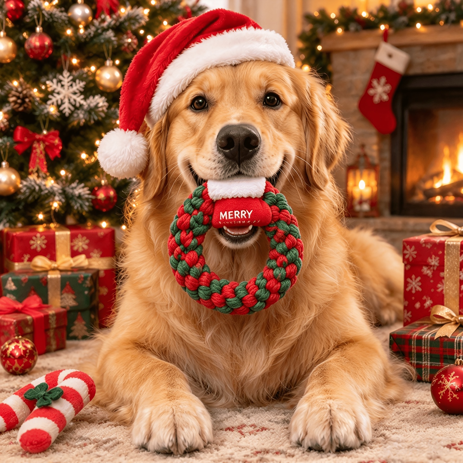 TEMU Jouet nœud style cadeau de Noël pour animaux de compagnie, anneau tissé avec décoration de chaussette de Noël, à la mastication et à l',