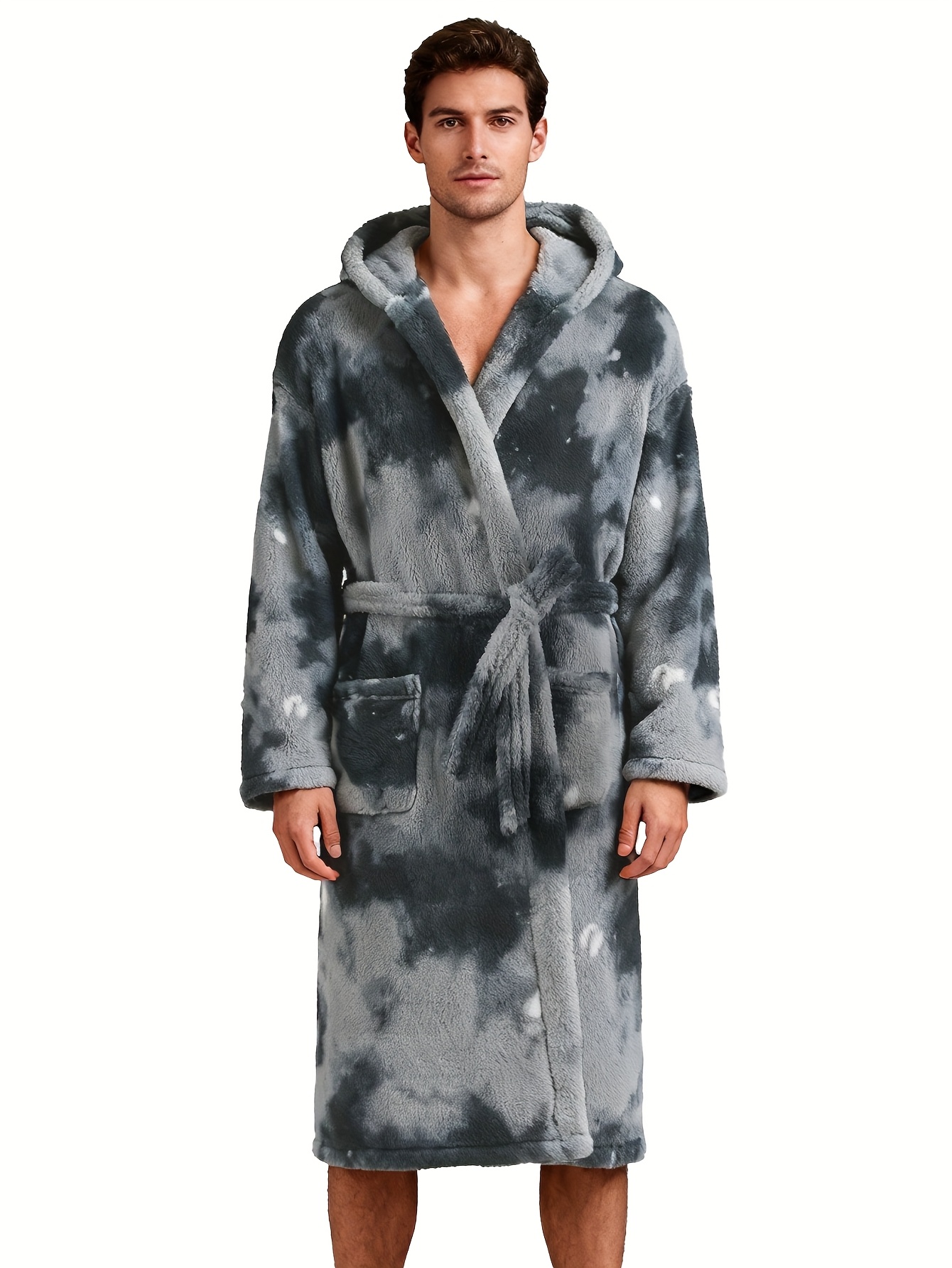 Men's Tie-Dye Coral Hooded Robe - Long Sleeve Kimono Sleepwear with Belt, Loose Fit Winter Robe for home, Spa & Outdoor, Warm Lined Jacket (Tie-Dye Pattern) - Machine Washable All-Season Wear