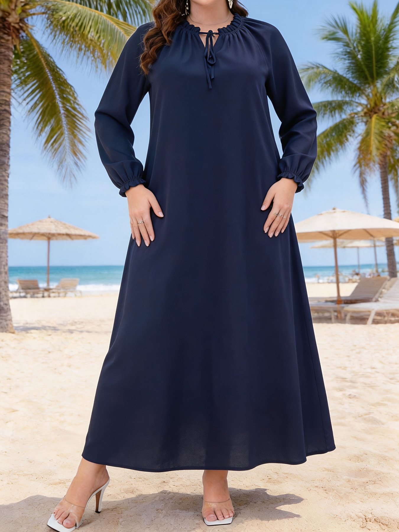 plus size navy blue casual dress Stylish Plus Size Solid Color V-Neck Long Sleeve Casual Dress for Effo   Canary Houze