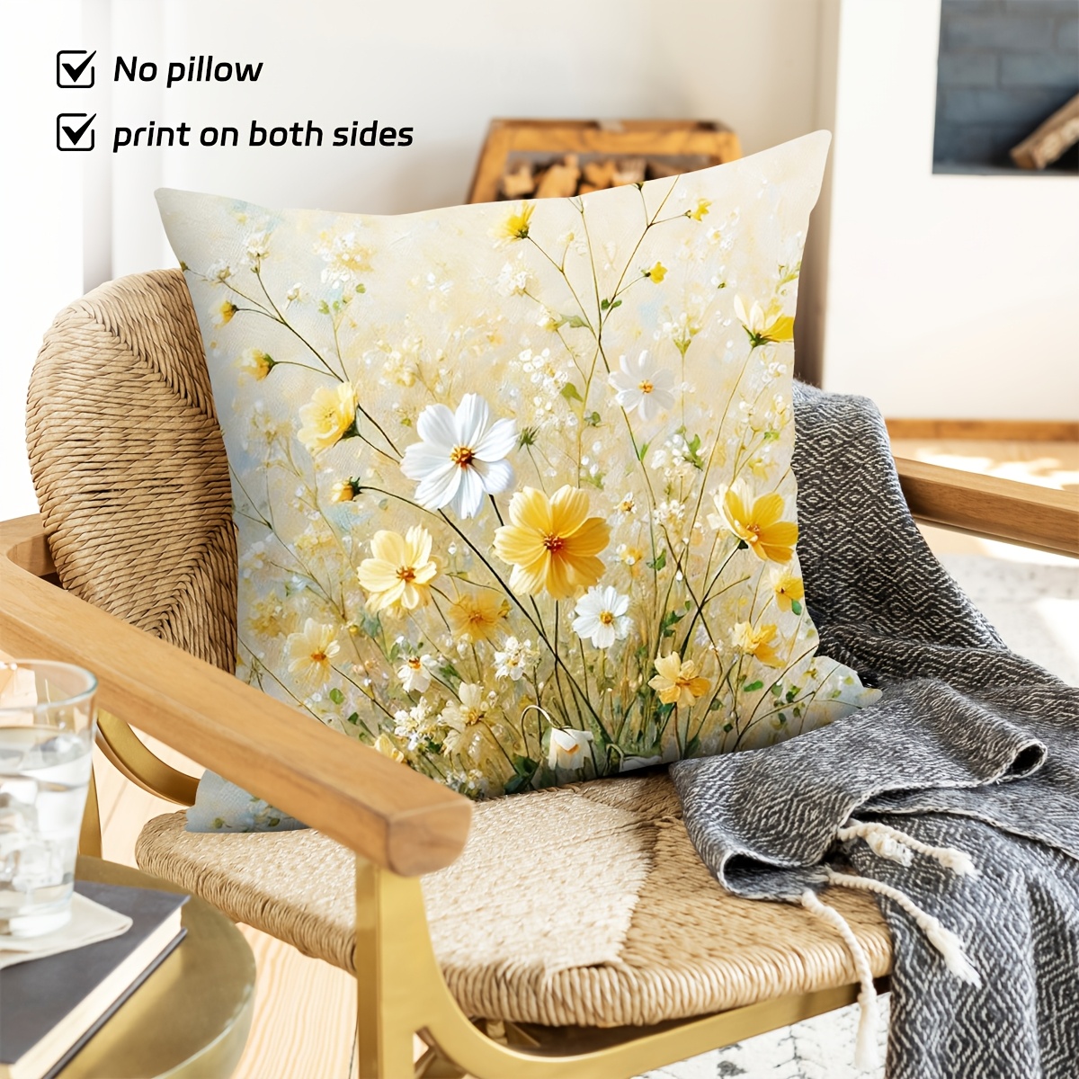 TEMU 1 housse de coussin rustique à motif floral, tissu en doux, impression recto, fermeture éclair, lavable en machine, adaptée pour salon, chambre,
