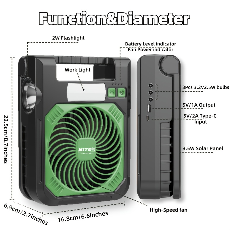 Portable Solar Fan with LED Night Light & Flashlight - USB Rechargeable
