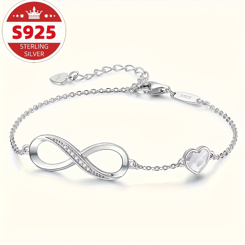 

925 Sterling Silver Infinite Bracelet, Inlaid With Synthetic Zirconia, Elegant Heart-shaped Pendant, Women' Bracelet, Valentine's Day And Day Gifts, Christmas Gifts