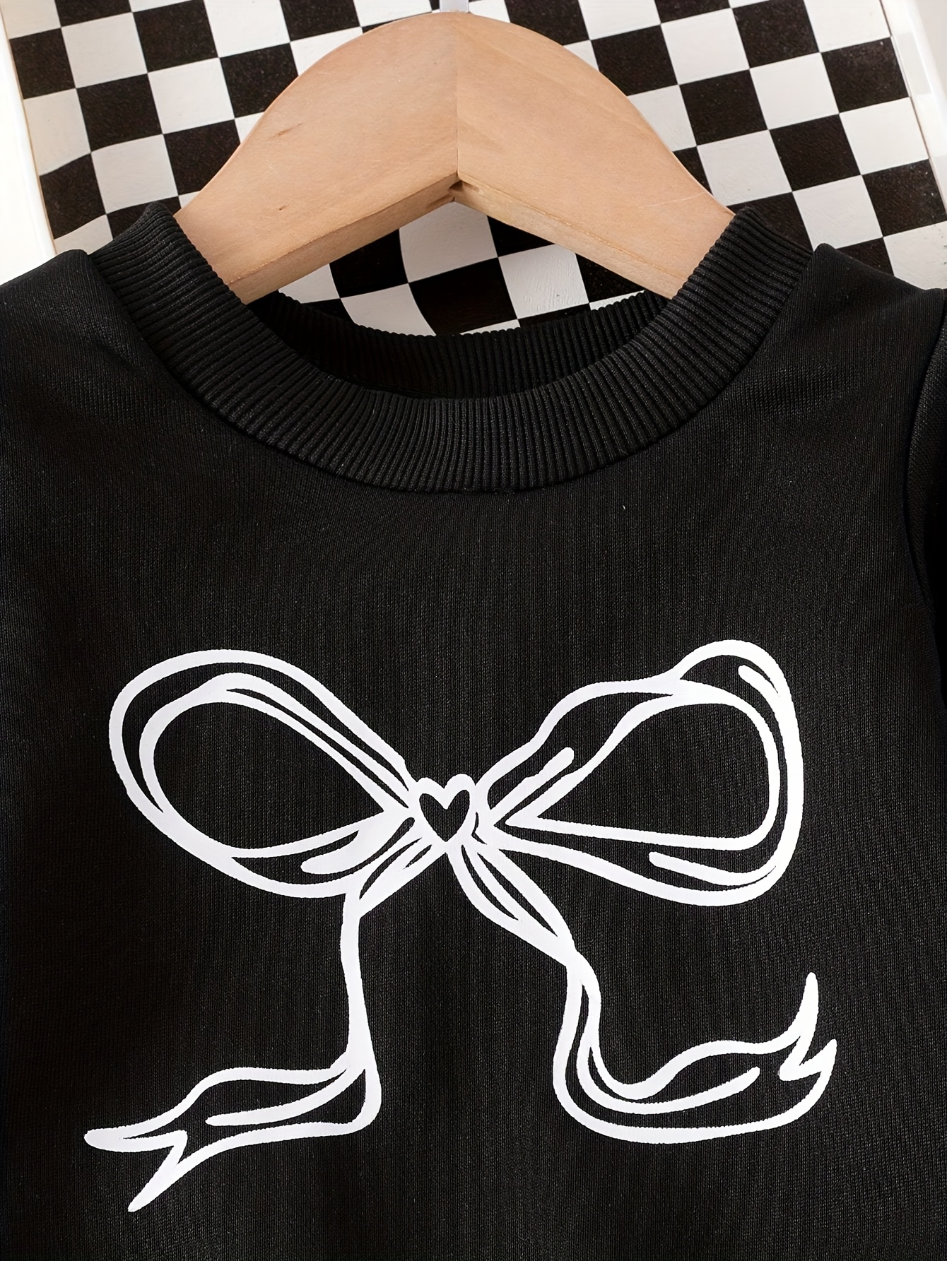 2pcs s bow print 3d bow detail sweatsuit pants black round neck long sleeve romper with elastic waist pants outfit for   hand washable 2pcs suit   outdoor Product details 2