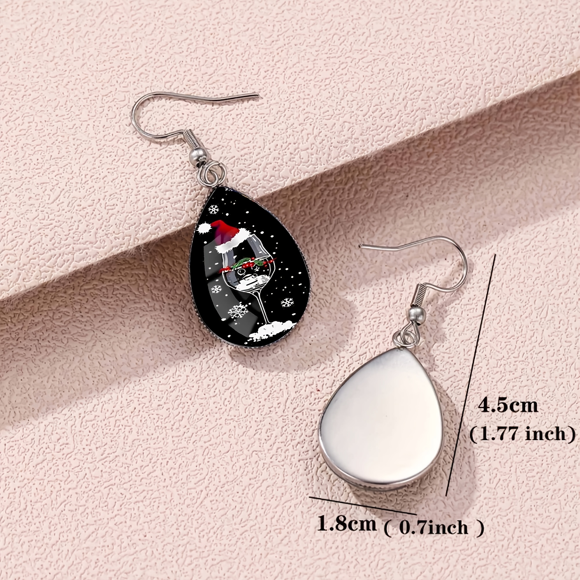 Black-based Santa Hat Wine Glass Pattern Teardrop Earrings