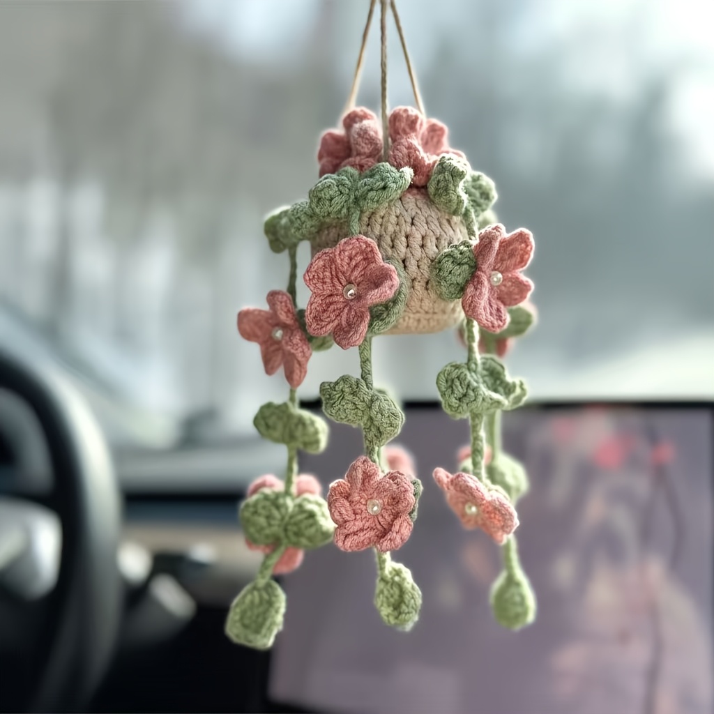 TEMU Crochet Hanging Plant For Car, Crochet Flower, Crochet Pothos, Car Mirror Hanging Accessories, Crochet Monstera Plant, Crochet Plan For Mom