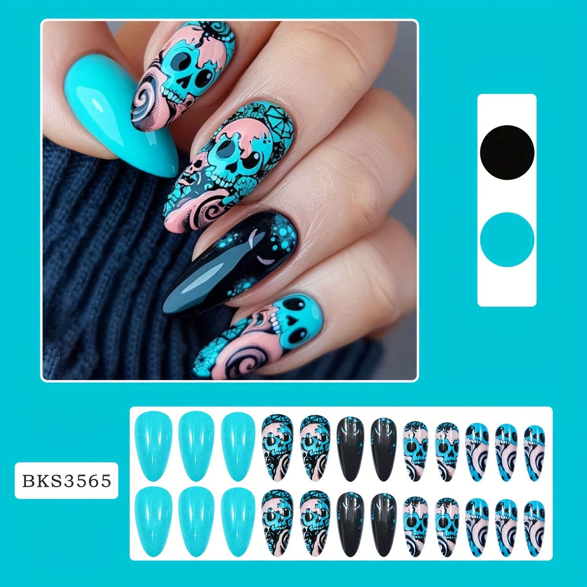 E-shop 24 Stück blaue Totenkopf Mandelformige künstliche Nägel für Halloween, inklusive Press-On Nagelspitzen, Jelly Glue und einer Nagelfeile