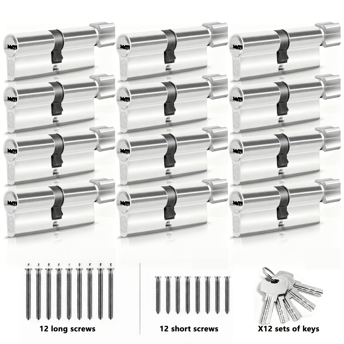 Image of 12pcs Profile Cylinder Lock Cylinder Set, Irregular Cylinder, Includes 60 Interlocking Keys, 12 Long Screws And 12 Short Screws Installation Accessories, Sizes: 60/60, 70/70, 80/80, 90/90mm