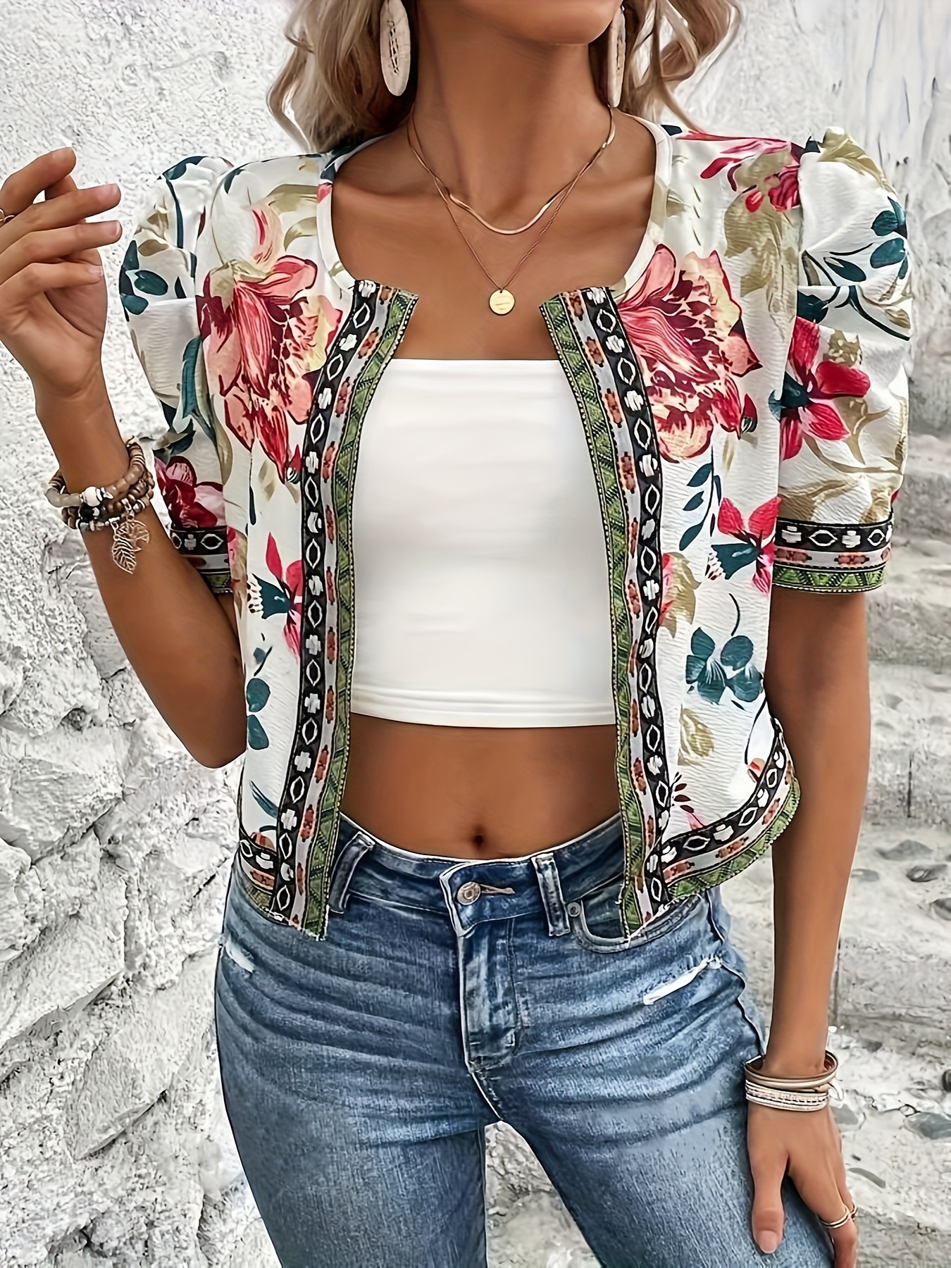 Floral Print Open Front Jacket, Elegant Puff Sleeve Cropped Jacket For Spring & Summer, Women s Clothing 2