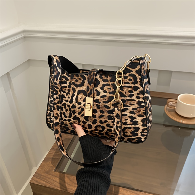 

Leopard Print Shoulder Bag, Fashion Retro Lady Armpit Handbag, Classic Clasp, Pu Strap, Zip Closure, Non-washable, Animal Print, Random Pattern, Leather Lining,