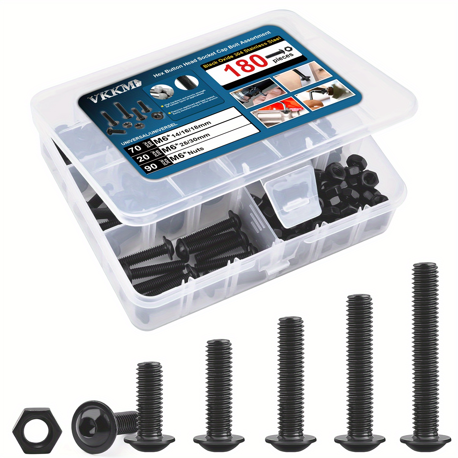 

Vkkm 180 Pcs M6 Hex Button Head Socket Cap Flange Bolt Assortment Kit/screws & Nuts Set/black Oxide, M6 X 14/16/18/25/30mm, Reusable Storage Case With Adjustable Dividers