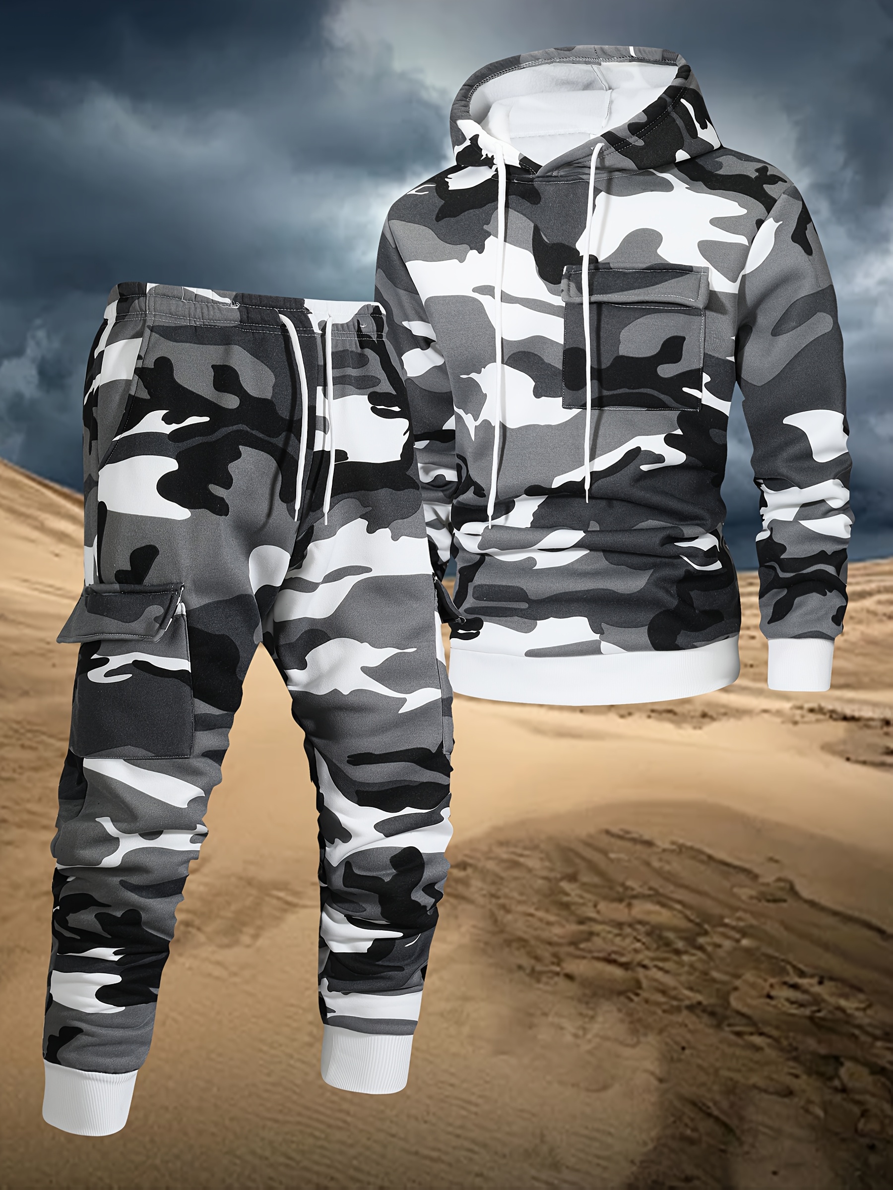 2pcs mens camouflage hooded sweatshirt and pants set multi     casual wear for running hiking   machine washable sports and leisure outfit hiking apparel camouflage hoodie functional pockets camouflage hoodie