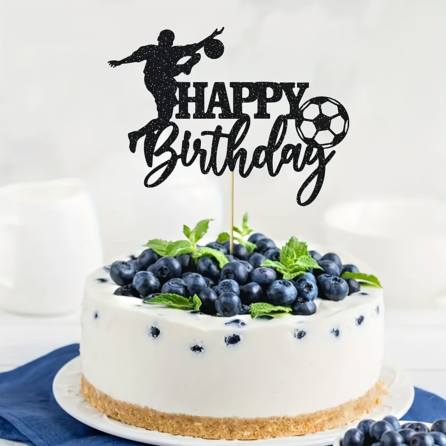 Image of 1pc Glitter Football Player Happy Birthday Cake Topper, Sports-themed Decoration For Men's Party
