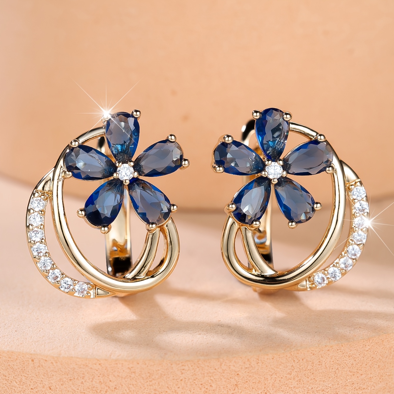 Women's Floral-Shaped Earrings with Blue Synthetic Zirconia