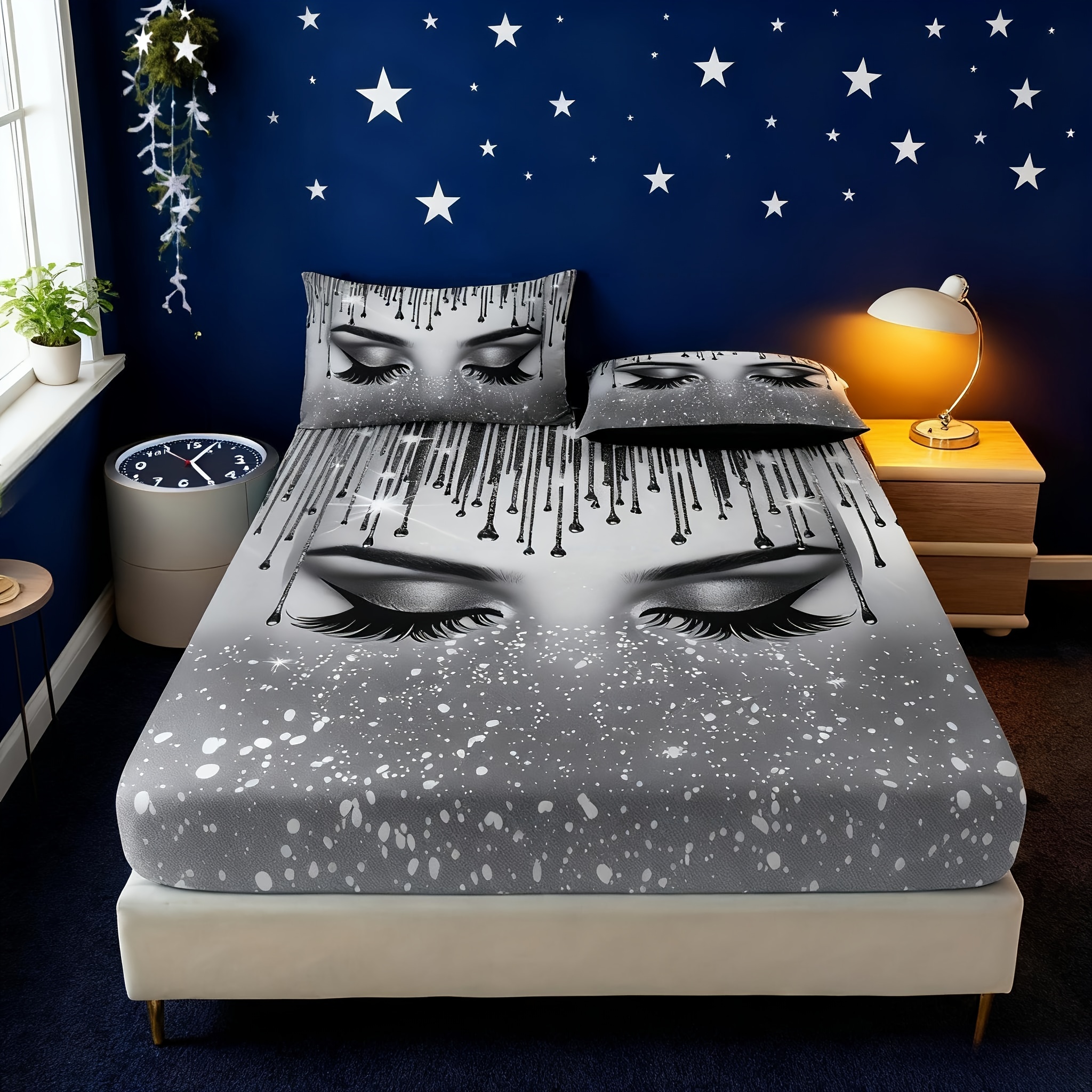 TEMU 3pcs Silver Eyelash Print Fitted Sheet Set, Queen Mattress Cover, Double Mattress Protector, King Bedding Set, Polyester Machine Washable,