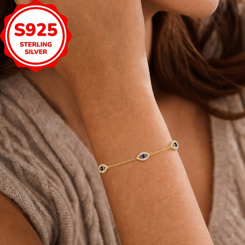 S925 Silver Evil Eye Pendant Bracelet, Adjustable Fashion