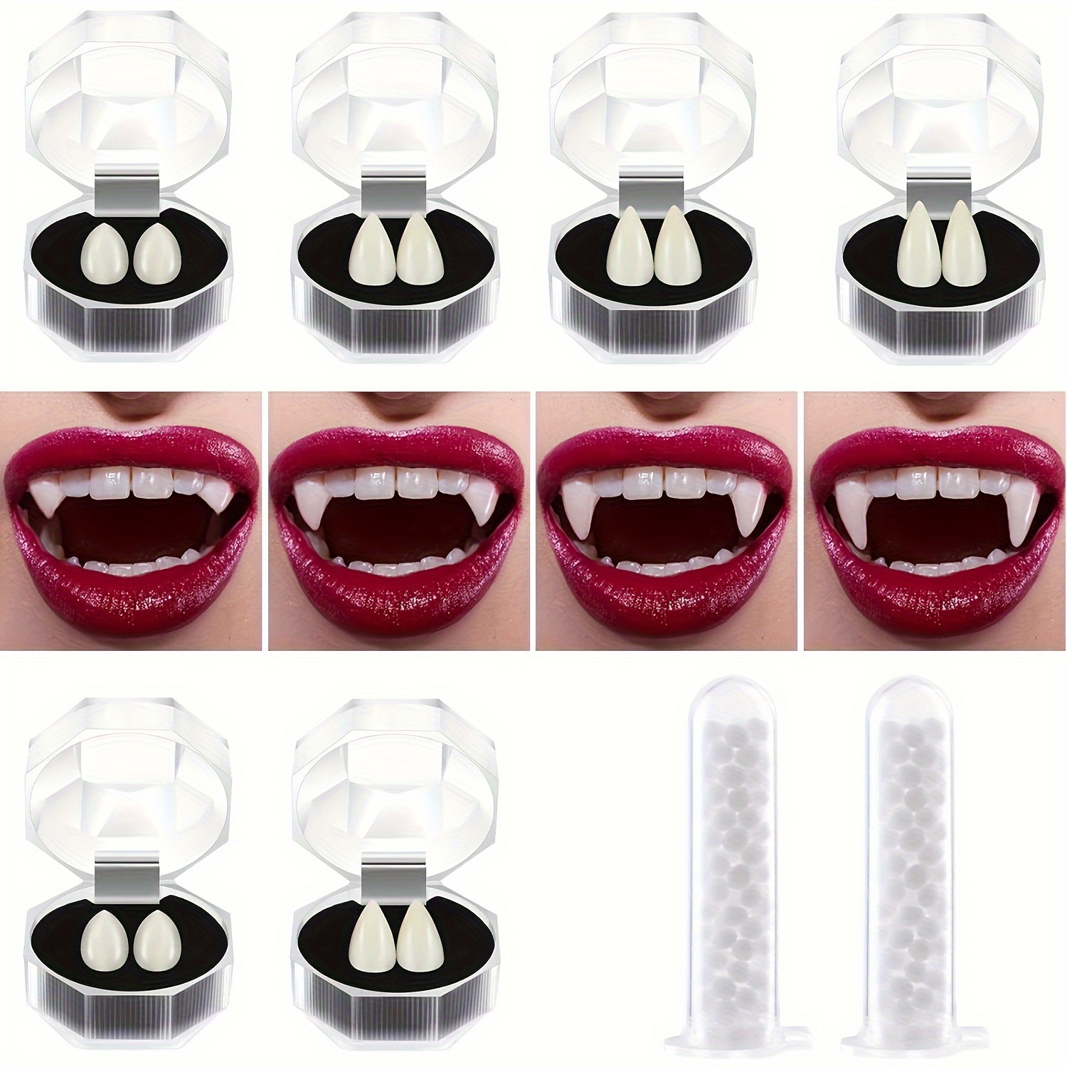 Vampire Teeth Fangs BBTO 6 Pairs – 3 Sizes, White, With Adhesive ...