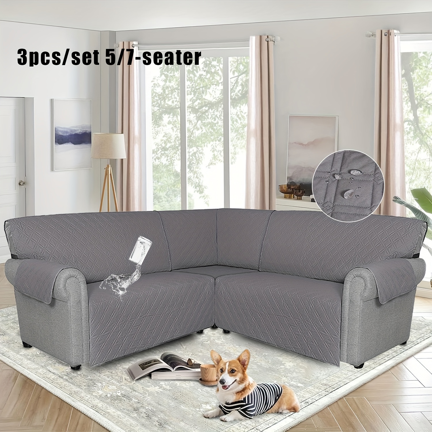 3pcs L Shaped Sofa Quilted Pet Dog Slipcovers for Sectional