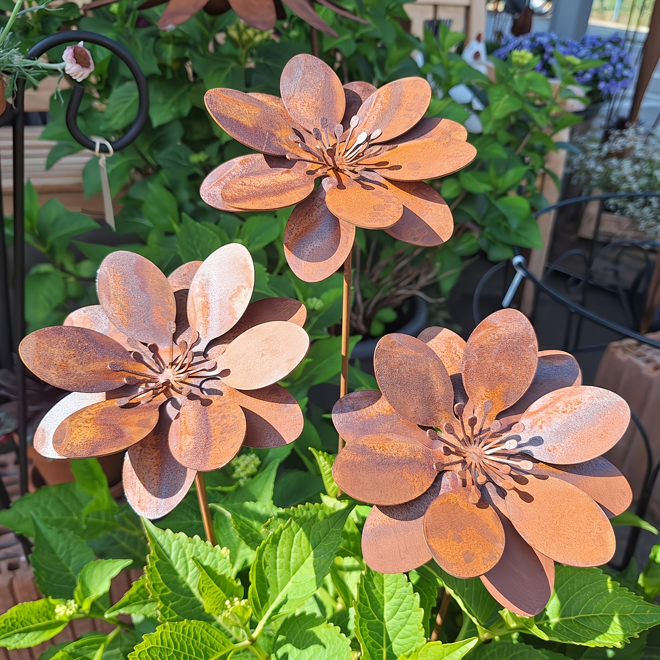 TEMU [3d] 3pcs Metal Three-dimensional Floral Decor, Rusty Garden Ornaments, Rust Decor, Suitable For Gardens, Weather-resistant Garden Stands, Metal