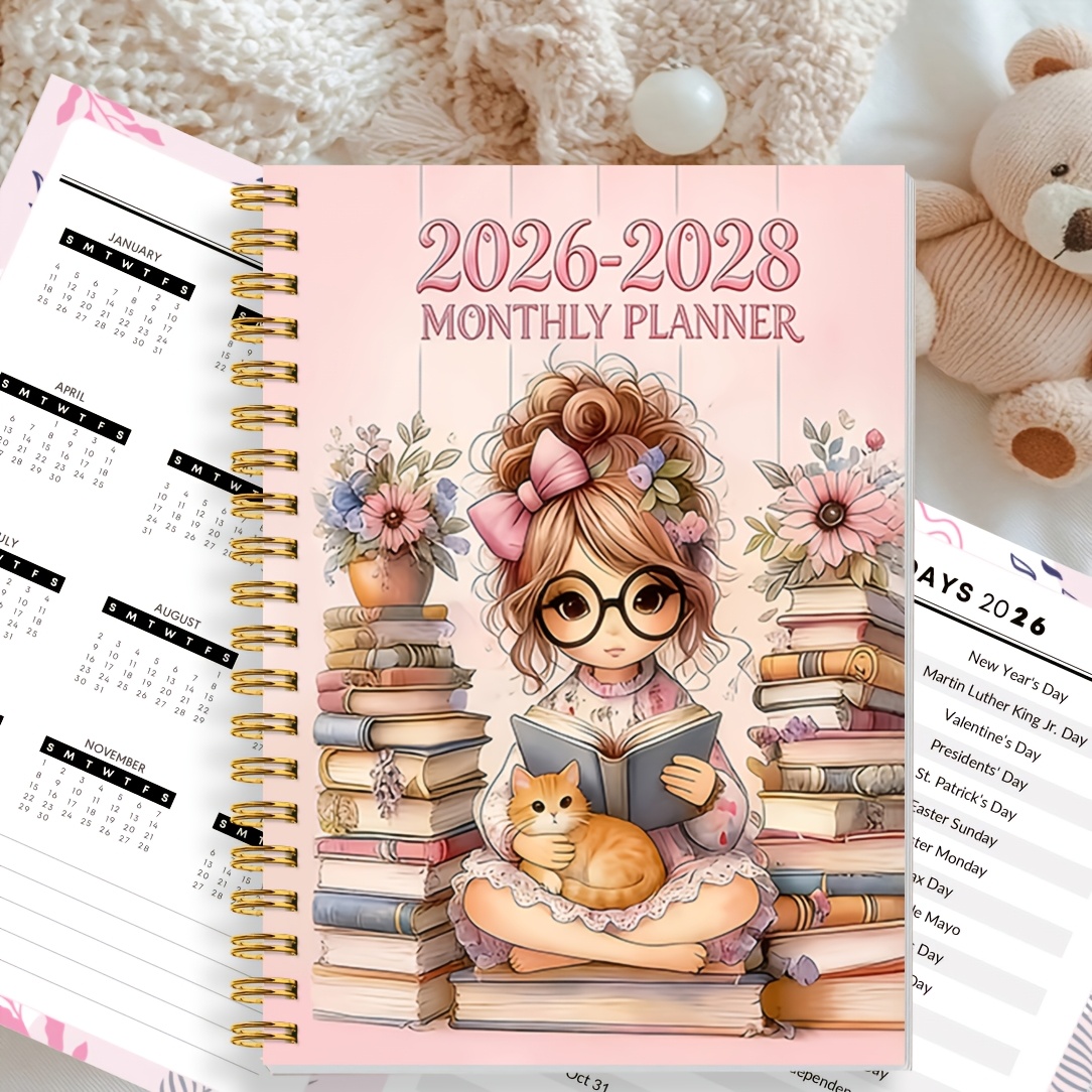 TEMU Personal Organizers 2026-2028 Three-year Calendar Planner - Undated Version, Women's Reading-themed Cover, Monthly Tabbed Diary, Portable Annual