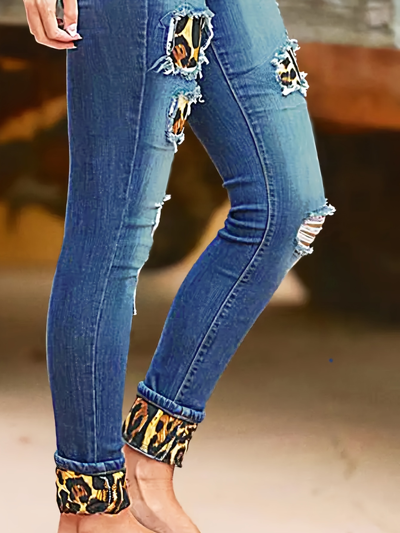 women's high stretch skinny jeans leopard print patch - Temu