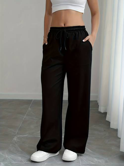 womens casual solid color loose wide leg high waist with drawstring slightly stretchy straight pocket cargo trousers