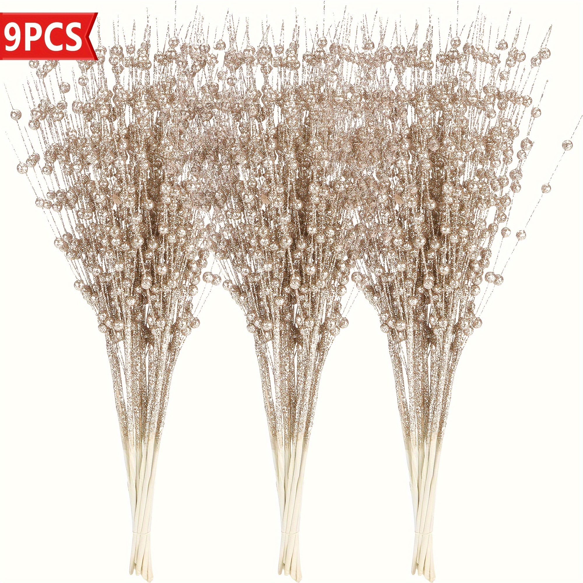 

9pcs Artificial Stem Decor, Decorative Bead Sticks Picks, Glittery Branches For Christmas Tree Diy Wreath Crafts Gift Small Vase Home Decor Party Ornaments