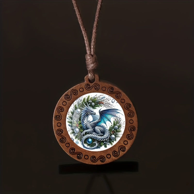 Silvery Dragon Holly Wreath Wooden Necklace, Fun Gift