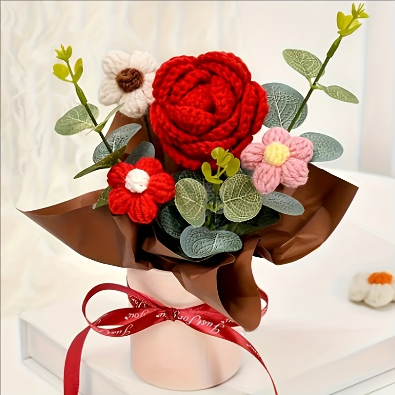 E-shop 1 Set Vintage-Strickset zum Häkeln von Rosen-, Sonnenblumen- Gänseblümchen-Blumen für Zuhause, Wohnzimmerdeko, handgefertigte künstliche Blumen