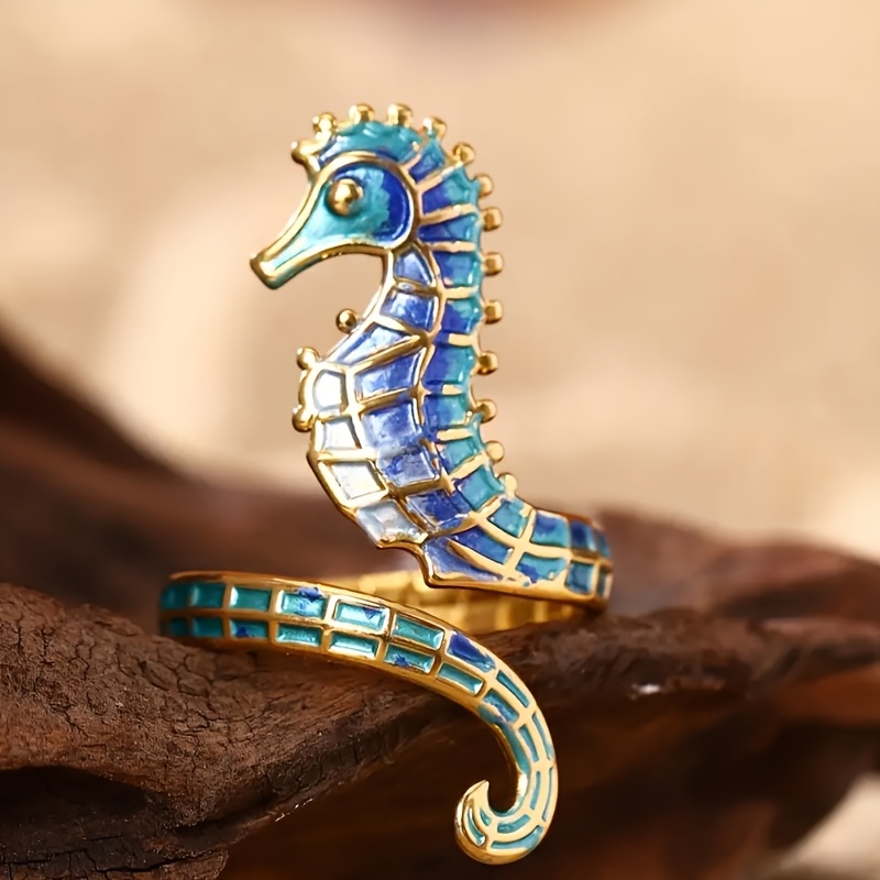 E-shop Ein bezaubernder und süßer Emaille Seepferdchen Offener Ring für Damen, für Feiertage, Geburtstage, Dates, Partys, Urlaub, Shopping und den