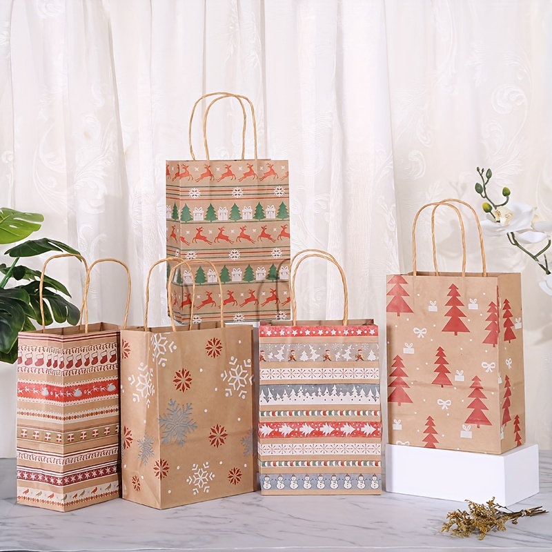 

5/10pcs Christmas Kraft Paper Gift Bags With Handles - Reindeer, Christmas Tree, And Snowflake Patterns For Holiday Presents And Party Favors