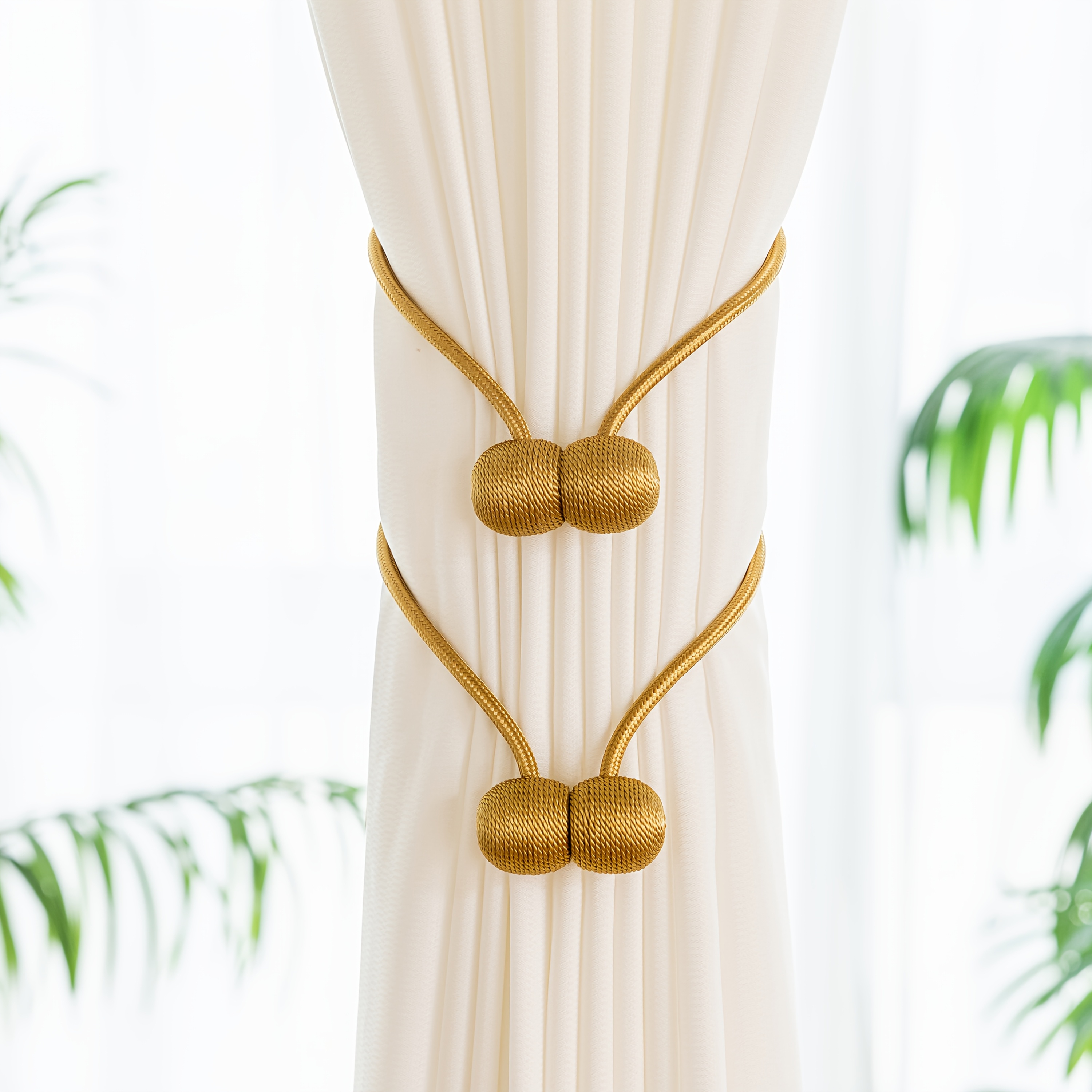 A Set of Two Modern Minimalist Magnetic Curtain Ties Is on, Featuring Thicker Twisted Ropes And Flexible Magnetic Ties. They Are Durable, Easy to Install, And Do Not Require Drilling, Making Them Perfect for Bedroom And Living Room Decor
