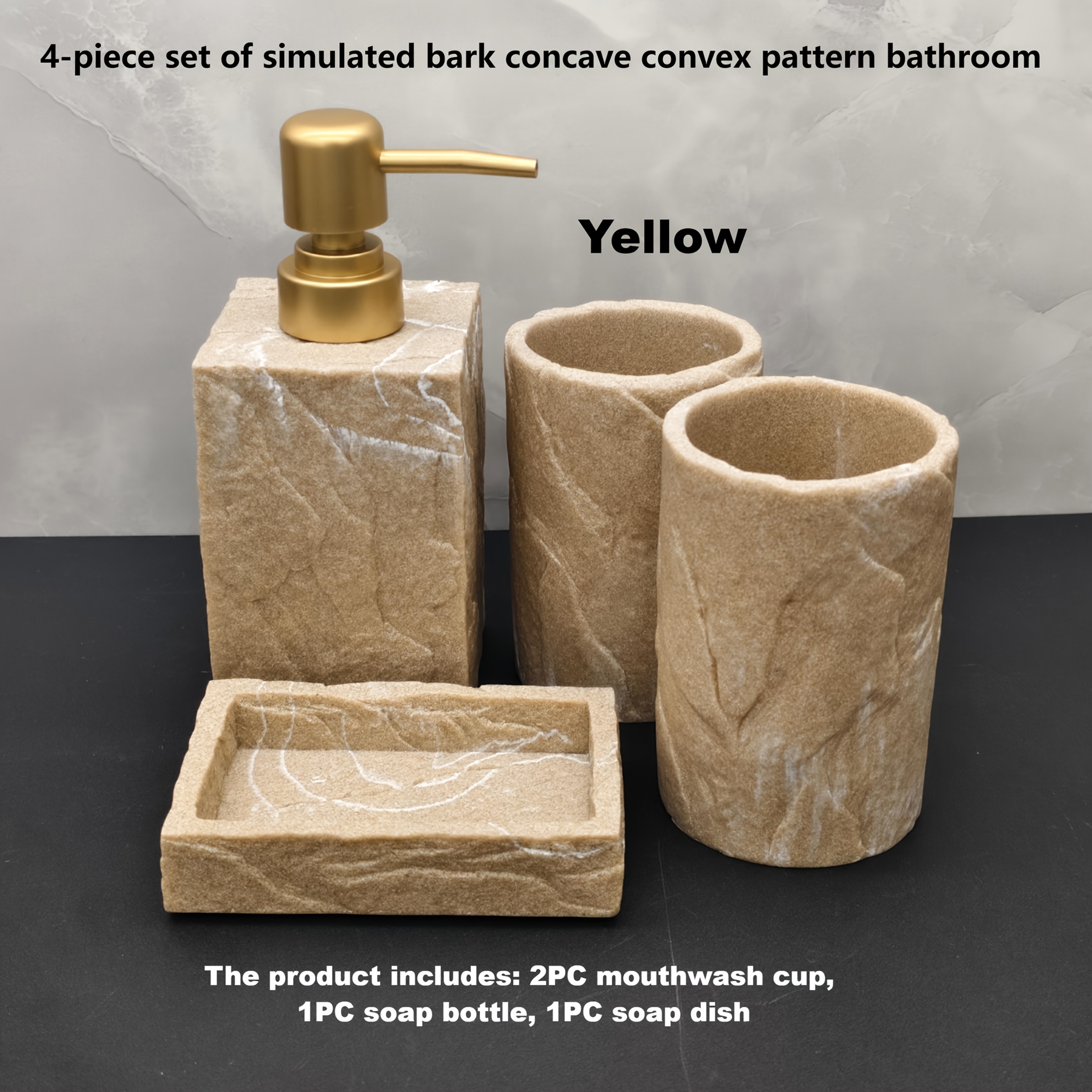 4pcs Vintage Bark Texture Bathroom Set, Includes 1 Hand Soap Dispenser, 2 Mouthwash Cups, and 1 Soap Dish. Suitable for Home, Hotel, and Guesthouse Bathrooms