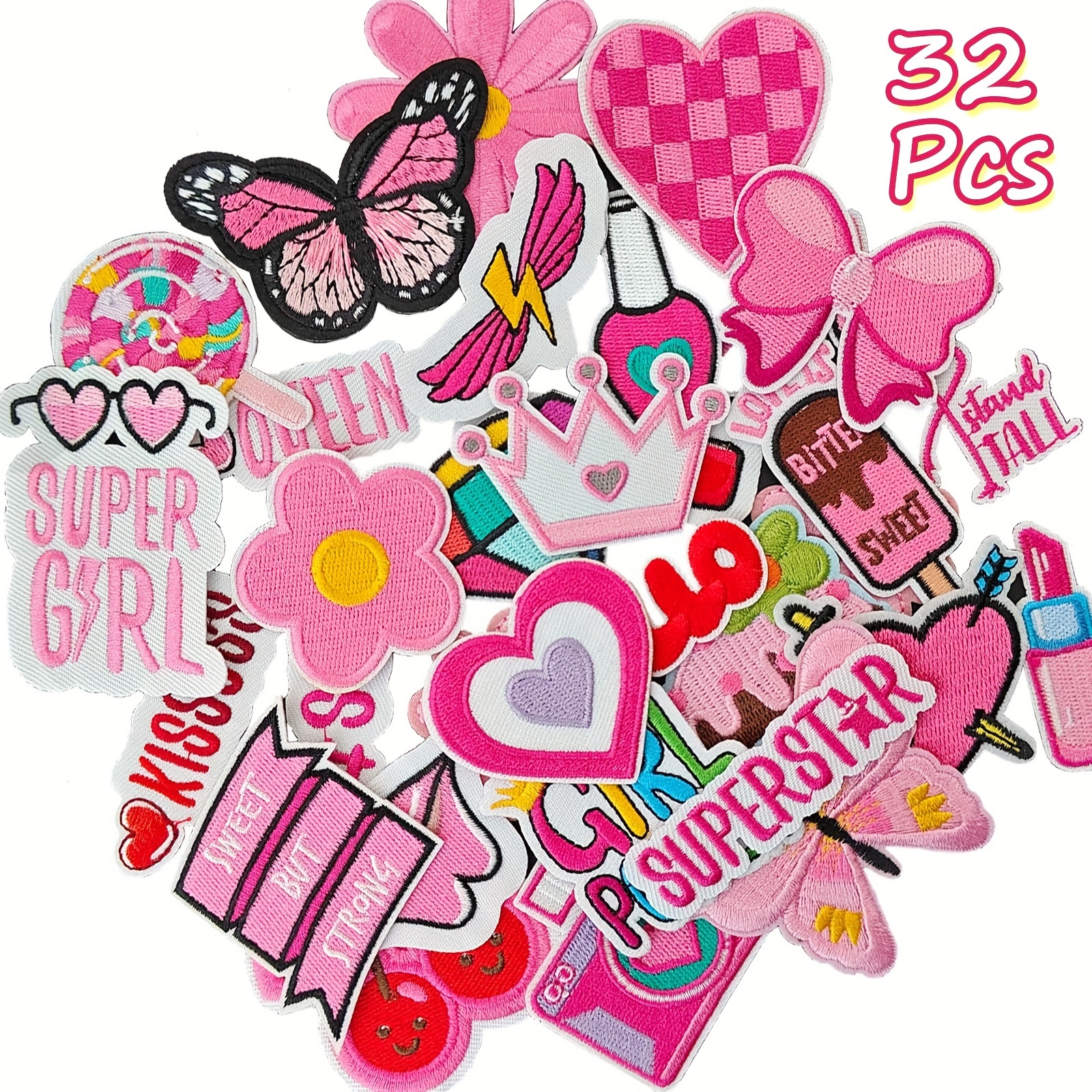 

32 Pcs Pink Preppy Girl Embroidered Iron On Patches, Mixed Designs Appliqué Set For Diy Clothing, Dresses, Hats, Jeans