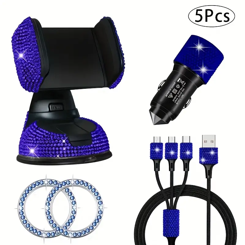 5pcs accessory set sparkling charging phone holder usb car charger ignition button trim ring suction mount materials handcrafted real photos high end gift for him her Product details 6