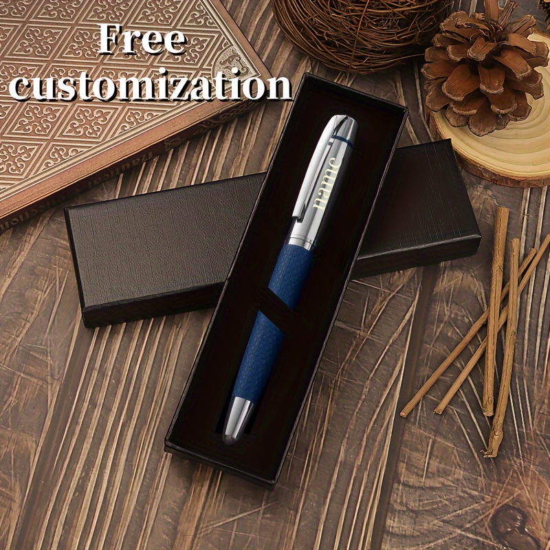 

Custom Engraved Ballpoint Pen Set With Black Faux Leather Case - Silvery & Blue, 0.5mm Refillable, Smooth Writing For