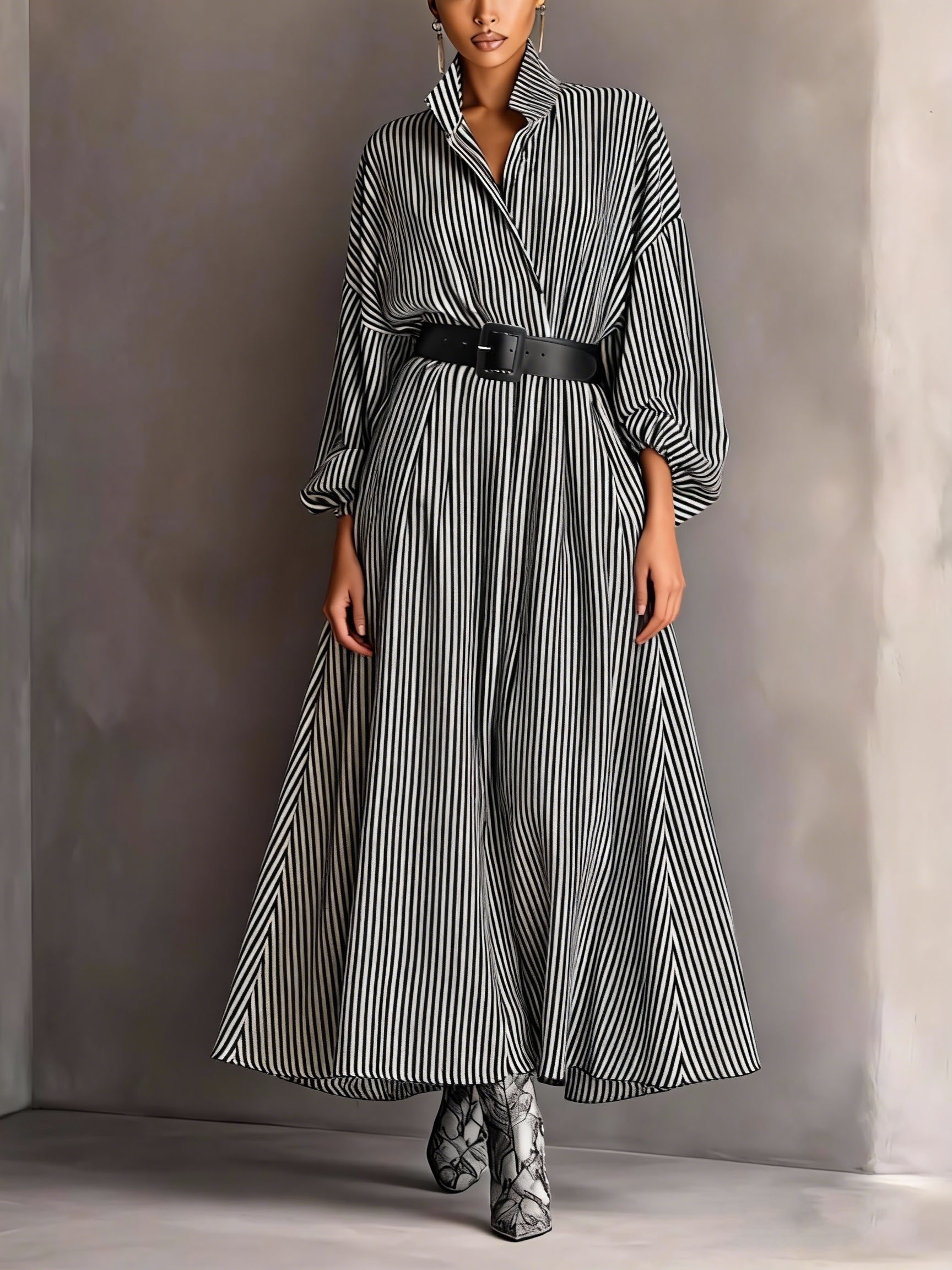Black And White Striped Lapel Dress Women'S Loose Puff Sleeve  Waist-Cinching with Belt Long Shirt Dress French Lazy Style * Women'S Dress  [Wilderness]