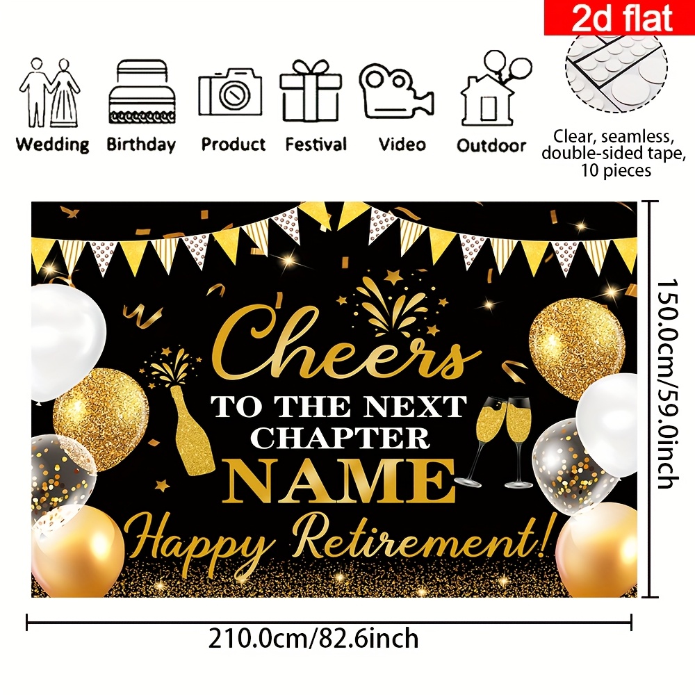 TEMU 2d Flat Banner 1pc Customizable Name Retirement Farewell Party Banner, Polyester Cheers To The Next Black Theme Photography Backdrop,